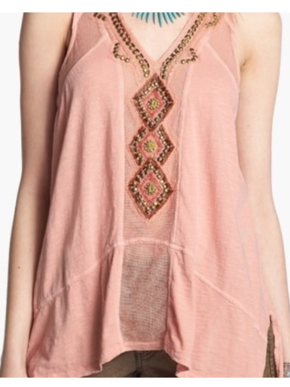 Peach/pink Free People ‘Focus on Center’ beaded v-neck tank top size MD - Picture 2 of 11